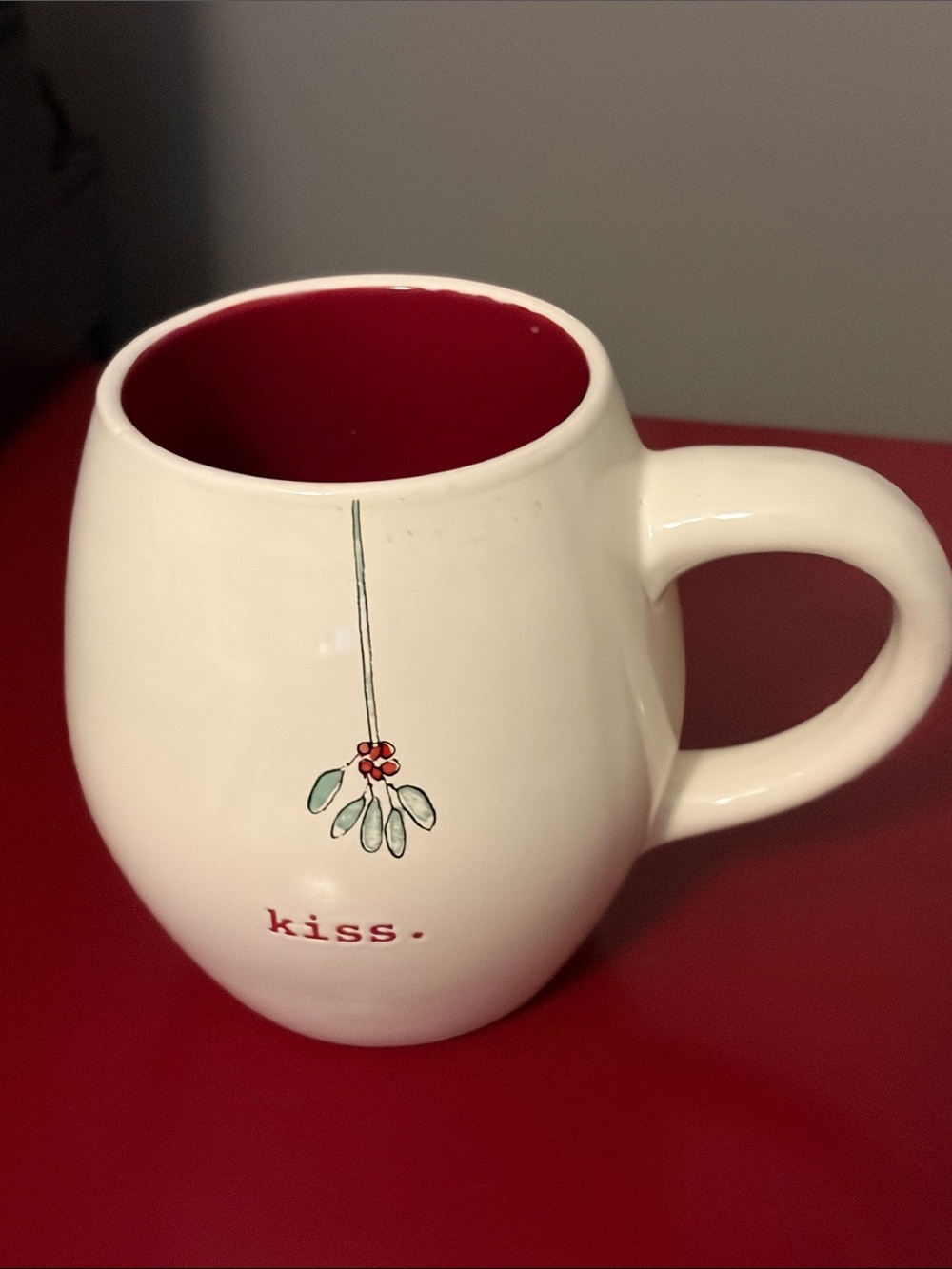 Rae Dunn White and Red 'Kiss' Ceramic Mug with Mistletoe Accent